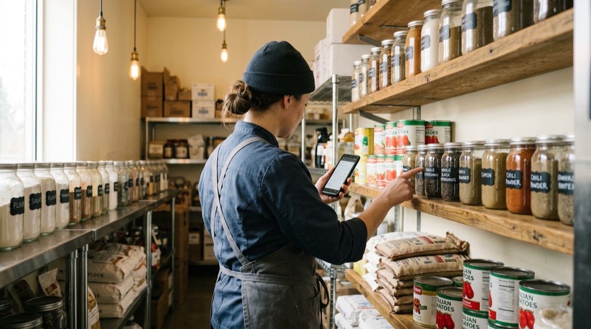 Cocinero contando el stock de un almacén de restaurante con el móvil para el inventario con IA