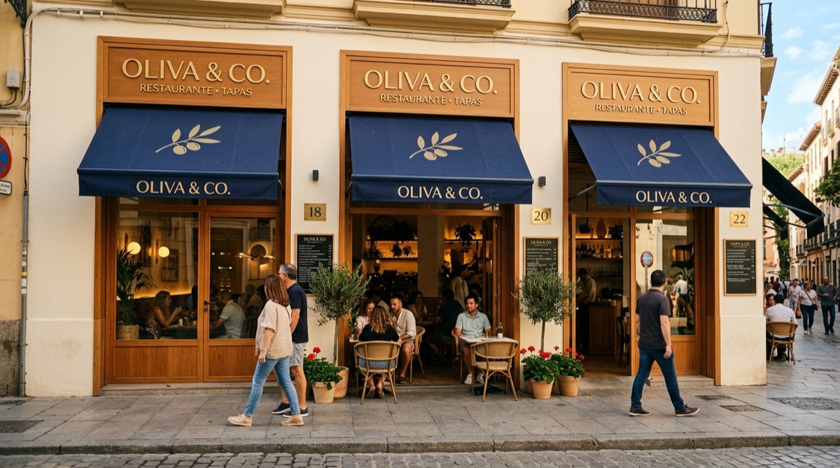 Tres locales idénticos de la misma marca de restaurante alineados en una calle, ejemplo de cadena franquiciada