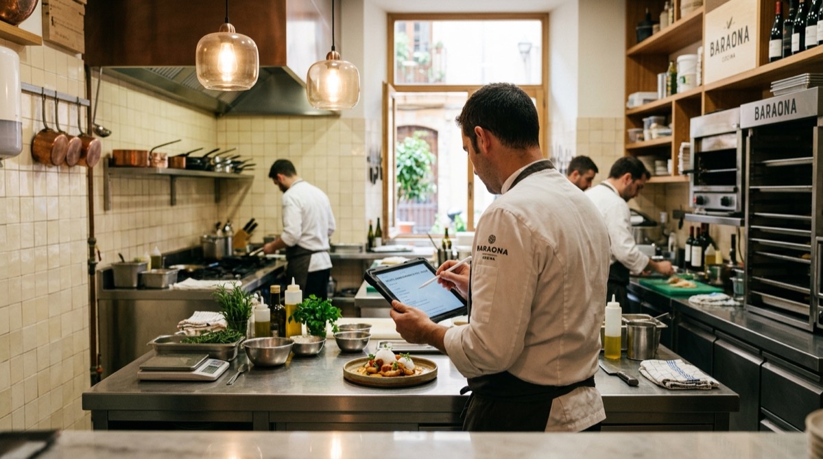 Chef documentando la ficha técnica de un plato en una tablet para estandarizar la receta antes de franquiciar el restaurante