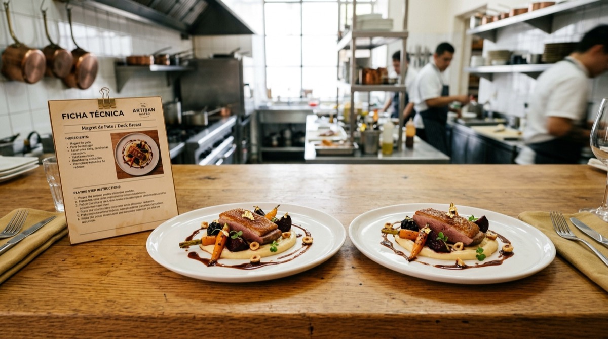 Dos platos idénticos emplatados junto a una ficha técnica, mostrando la consistencia entre locales de una franquicia de restaurantes