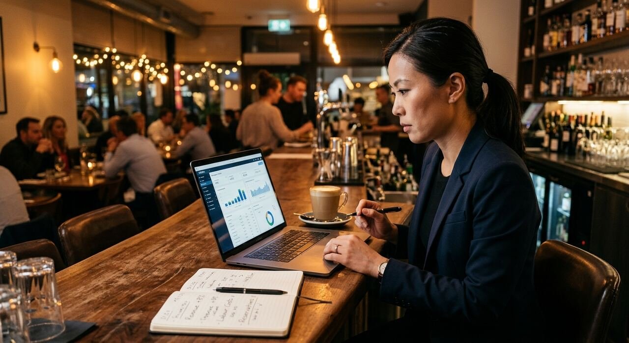 Gerente de restaurante analizando la cuenta de resultados y los KPIs financieros en un portátil sobre la barra del local
