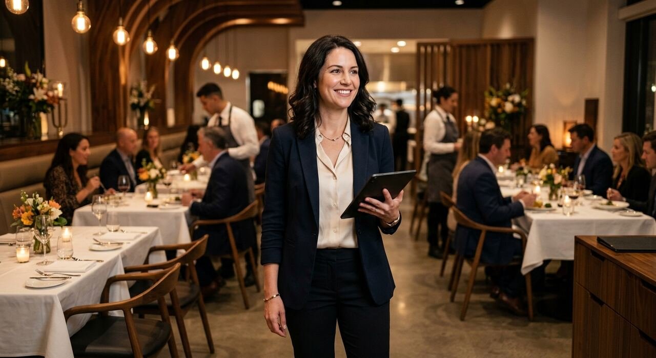 Gerente de restaurante con una tablet supervisando la sala de un restaurante moderno