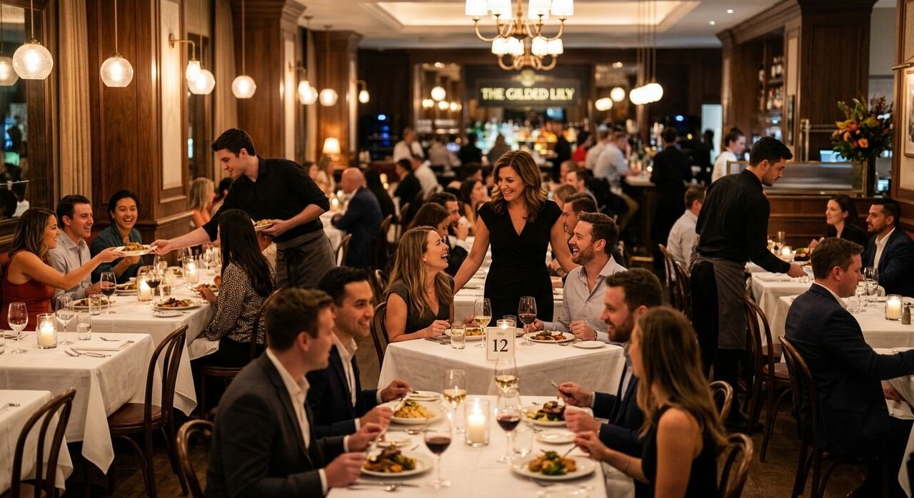 Sala de restaurante llena y acogedora con el gerente atendiendo a los clientes y coordinando al equipo durante el servicio
