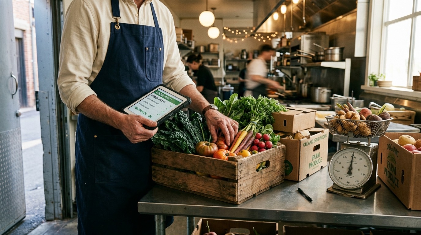 Chef de restaurante revisando la recepción de mercancía y el albarán de un proveedor con una tablet