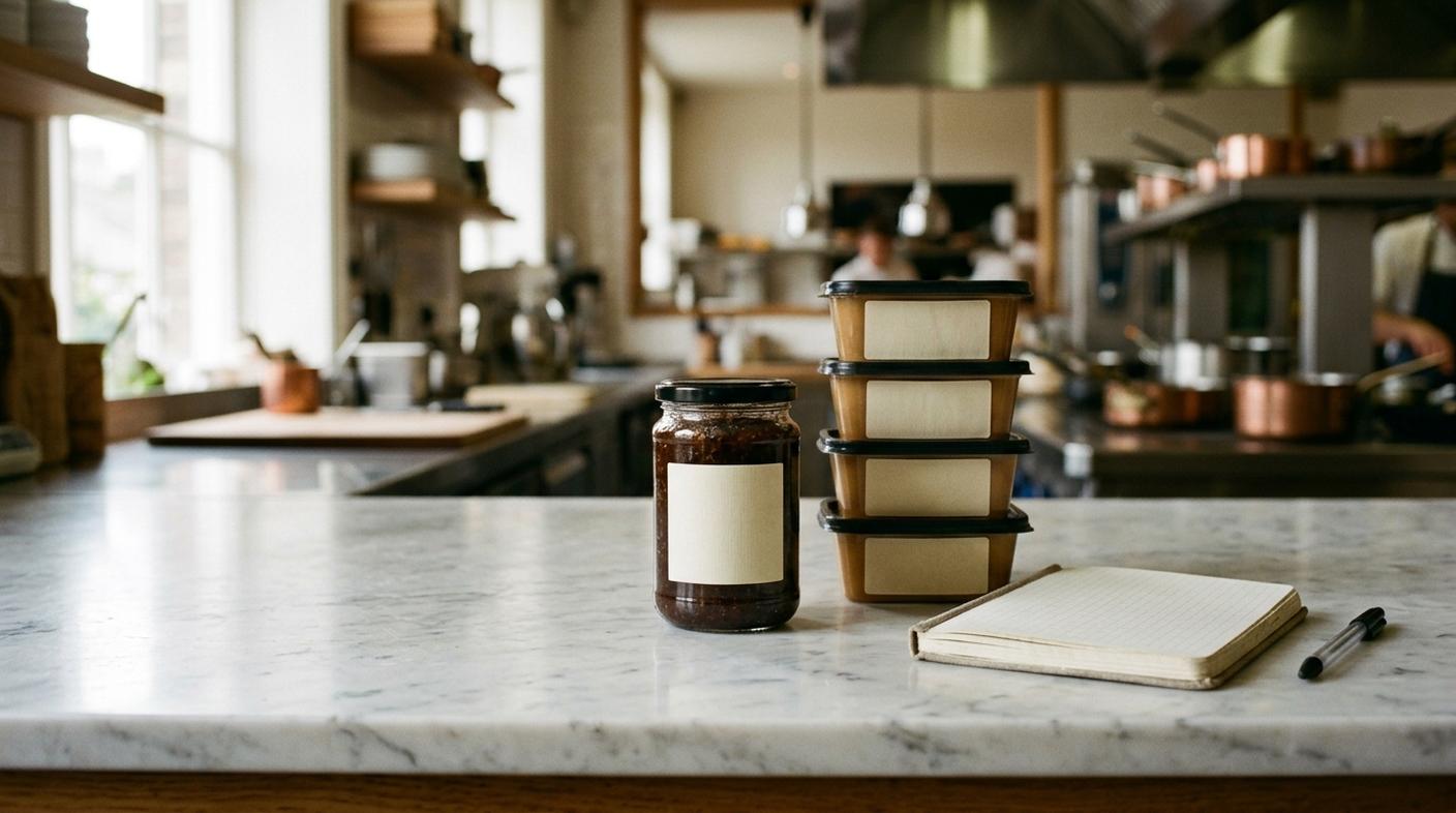 Manos revisando la lista de ingredientes de un producto envasado en una cocina profesional