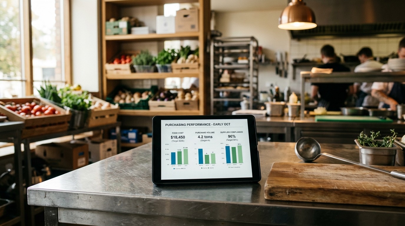 Tablet mostrando un panel de KPIs de compras y evaluación de proveedores en una cocina profesional de restaurante