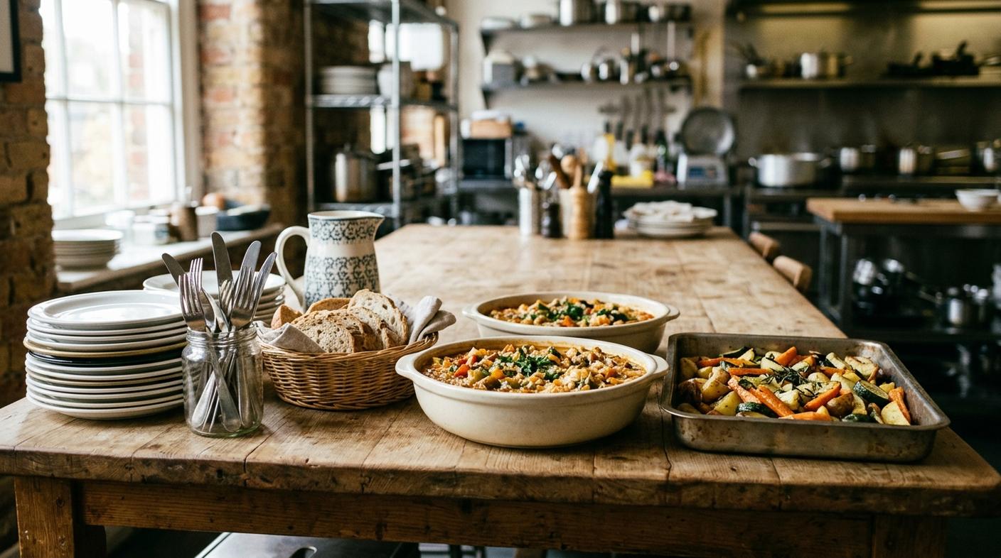 Fuentes de comida de personal servidas en una mesa larga de office de restaurante