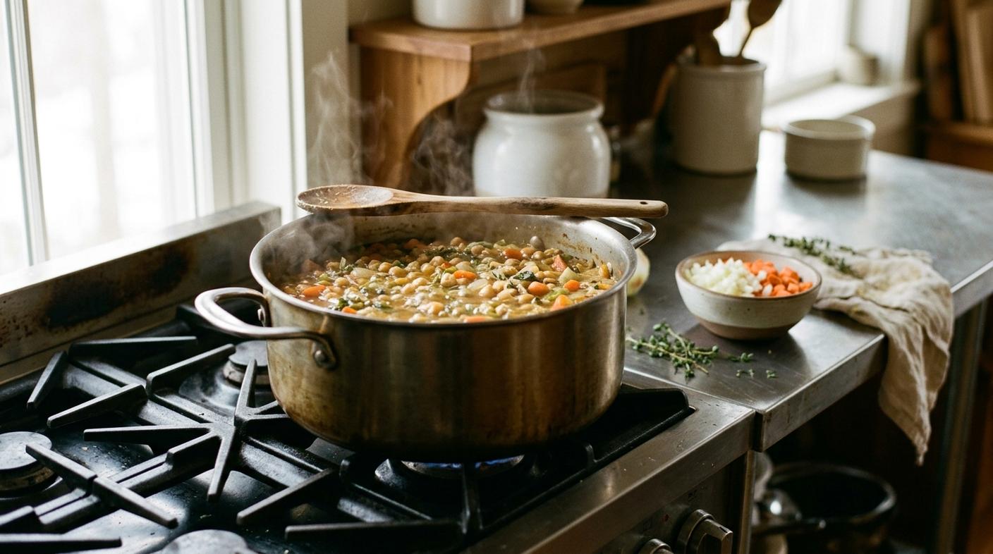 Olla grande de guiso en producción sobre fogón de cocina profesional