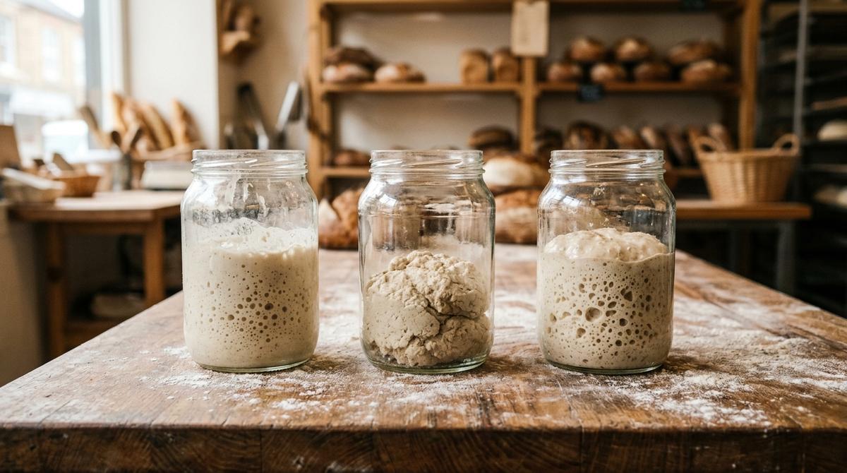 Poolish líquido, biga firme y masa madre activa en tres tarros de cristal