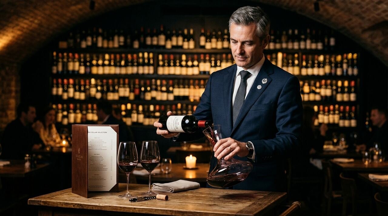 Sommelier consultor decantando vino tinto en un decantador de cristal en un restaurante de alta cocina, con la carta de vinos y copas de cata sobre la mesa y una pared de botellas al fondo