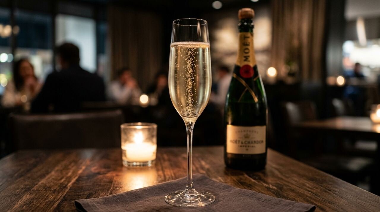 Copa flauta de vino espumoso con burbuja fina y perlage persistente servida en una mesa elegante de restaurante