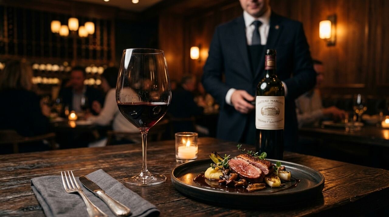 Copa de vino tinto de color rubí junto a un plato de alta cocina emplatado en una mesa de restaurante con luz cálida