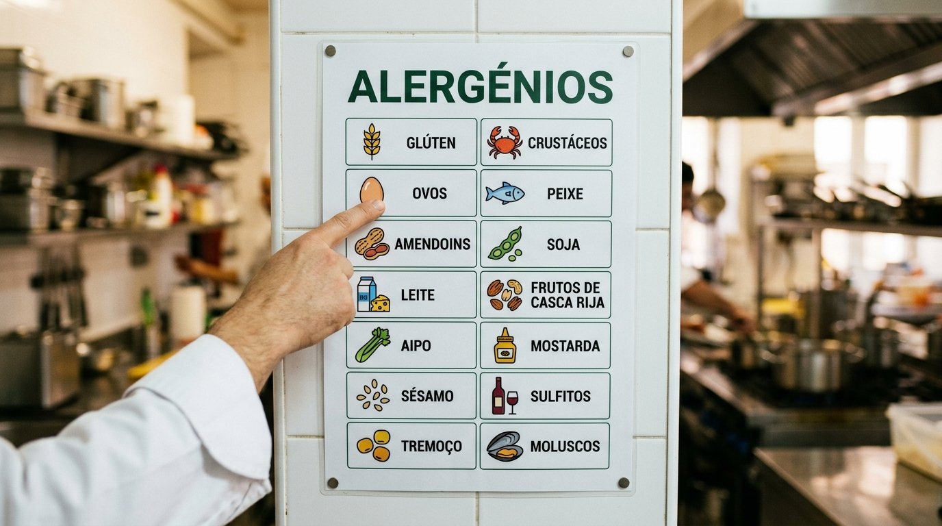 Cartaz plastificado numa parede de cozinha profissional com o título Alergénios e os 14 grupos com ícones, e a mão de um chef a apontar para uma das linhas