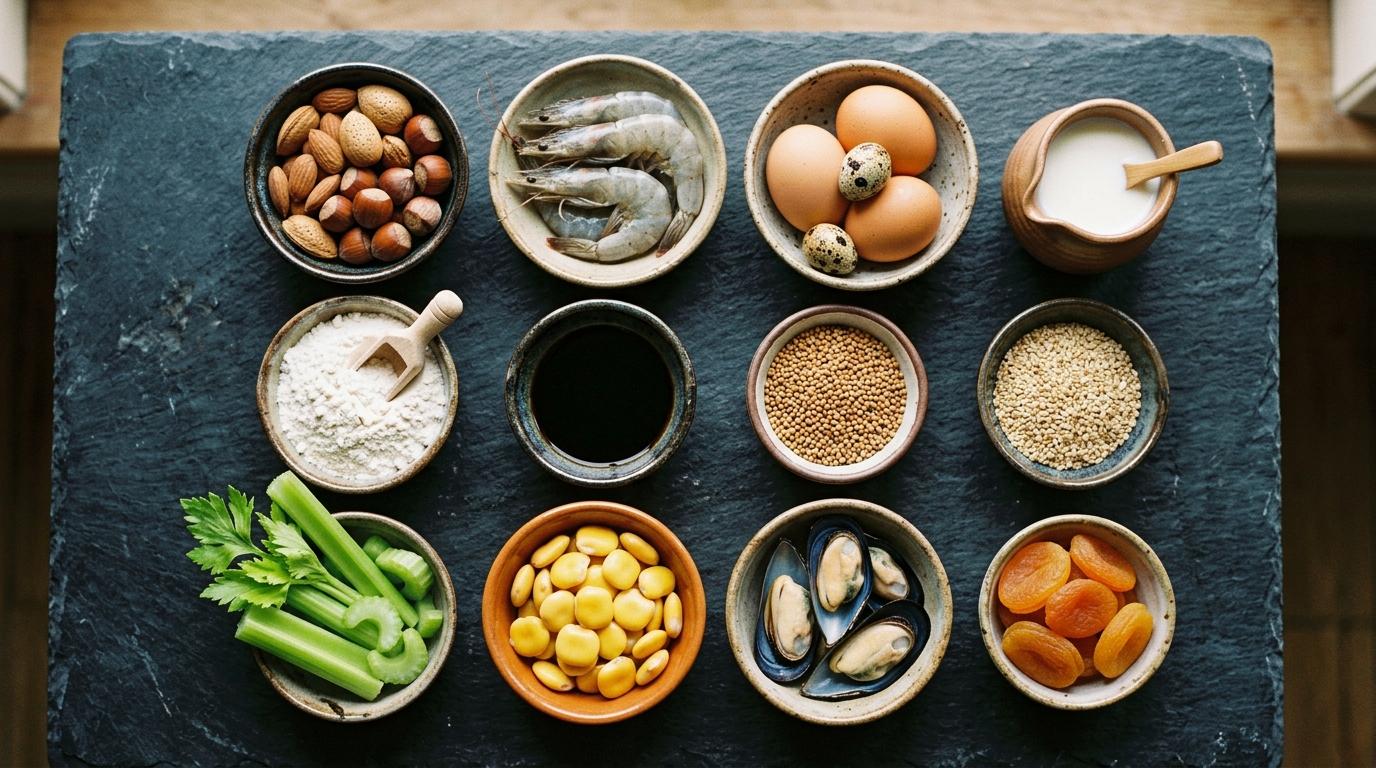 Vista aérea de taças de cerâmica sobre ardósia escura com alimentos que representam os alergénios: frutos de casca rija, camarão, ovos, leite, farinha, molho de soja, mostarda, sésamo, aipo, tremoços, mexilhões e damascos secos