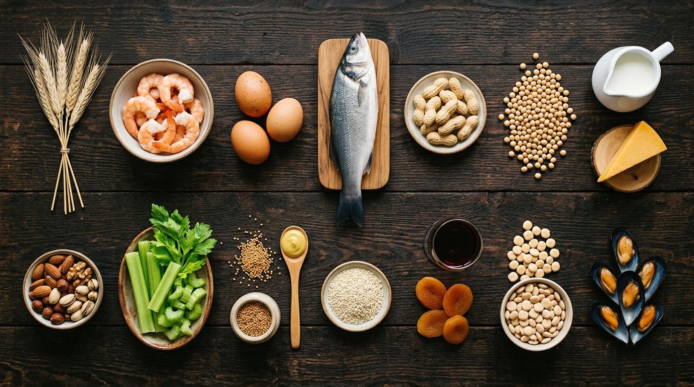 Vierzehn Lebensmittelgruppen in Schalen auf dunklem Holz von oben: Weizen, Garnelen, Eier, Fisch, Erdnüsse, Soja, Milch und Käse, Nüsse, Sellerie, Senf, Sesam, Wein mit Trockenfrüchten, Lupinen und Muscheln