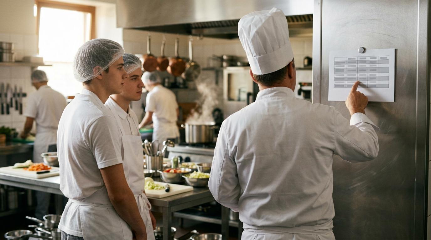 Ein Küchenchef zeigt zwei jungen Teammitgliedern eine an der Edelstahlwand angebrachte Übersichtstabelle in einer Profiküche