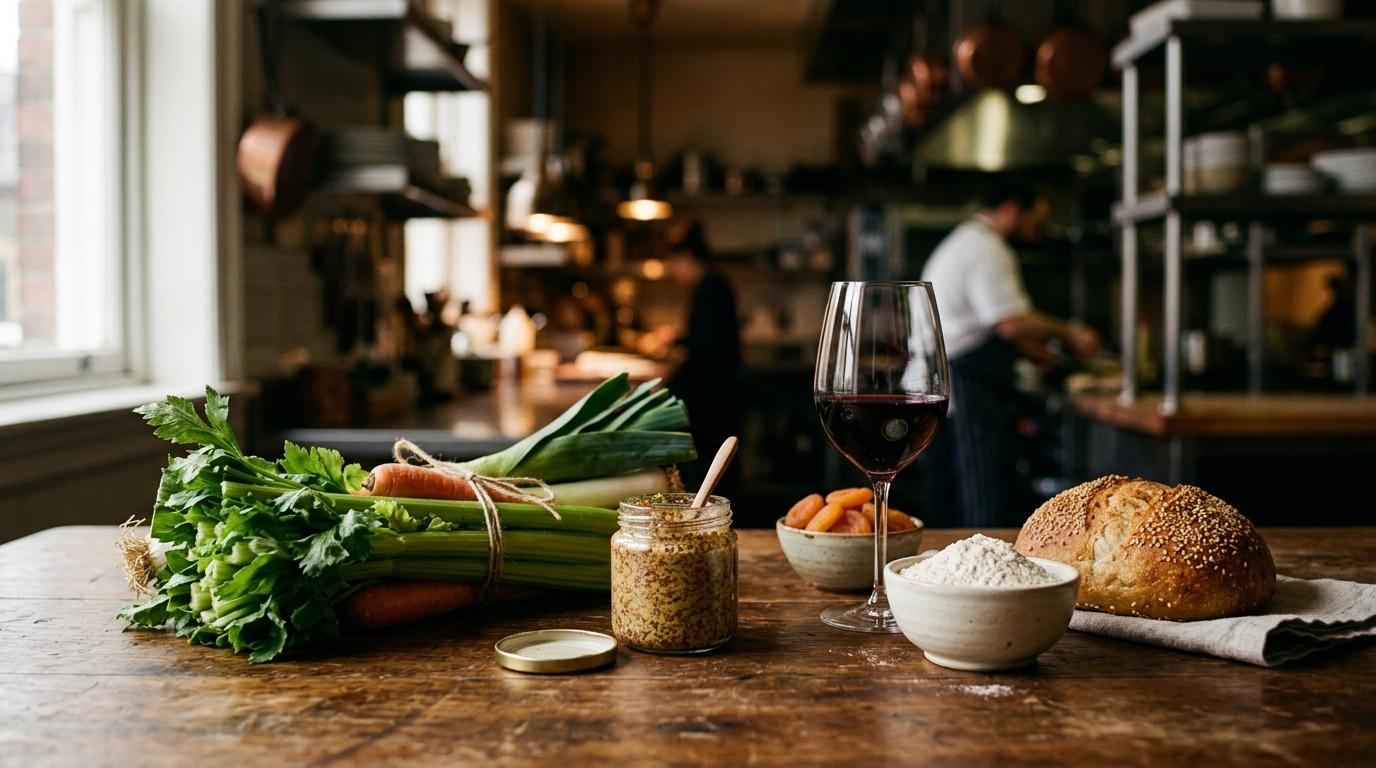 Suppengrün mit Sellerie, ein offenes Senfglas, ein Glas Rotwein neben getrockneten Aprikosen, eine Schale Mehl und ein Sesambrötchen auf einem Holztisch