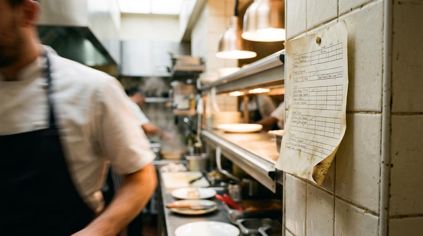 Tabella degli allergeni stampata e appesa alla parete piastrellata di una cucina professionale, accanto al pass