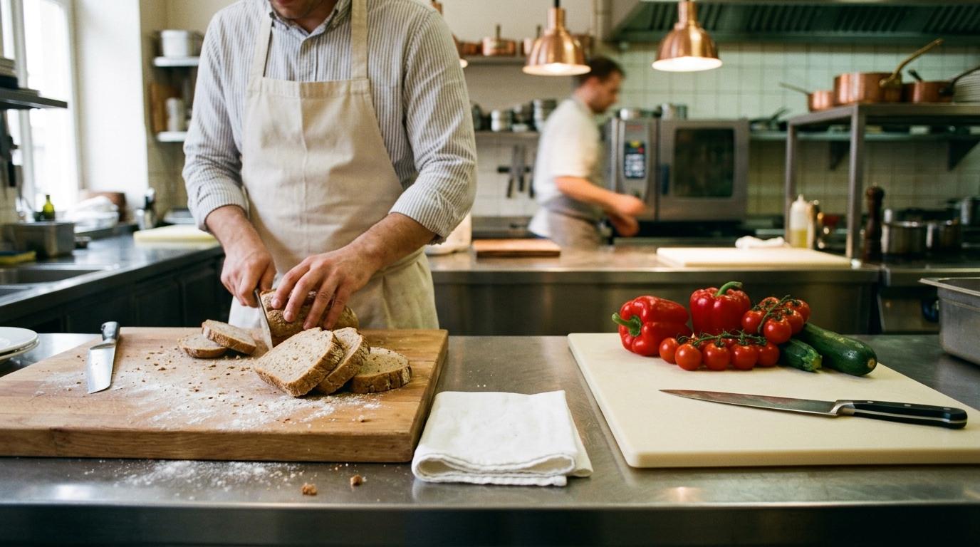 Due postazioni di lavoro separate su un piano in acciaio: a sinistra pane e farina, a destra un tagliere pulito con verdure e il proprio coltello