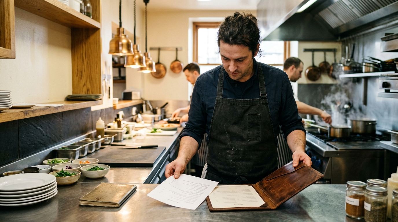Uno chef confronta una scheda stampata con il menù del ristorante al pass di una cucina professionale