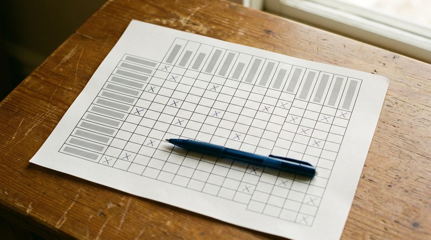 Eine ausgedruckte Allergen-Matrix mit vierzehn Spalten und handschriftlichen Kreuzen liegt mit einem Stift auf einem Holztisch