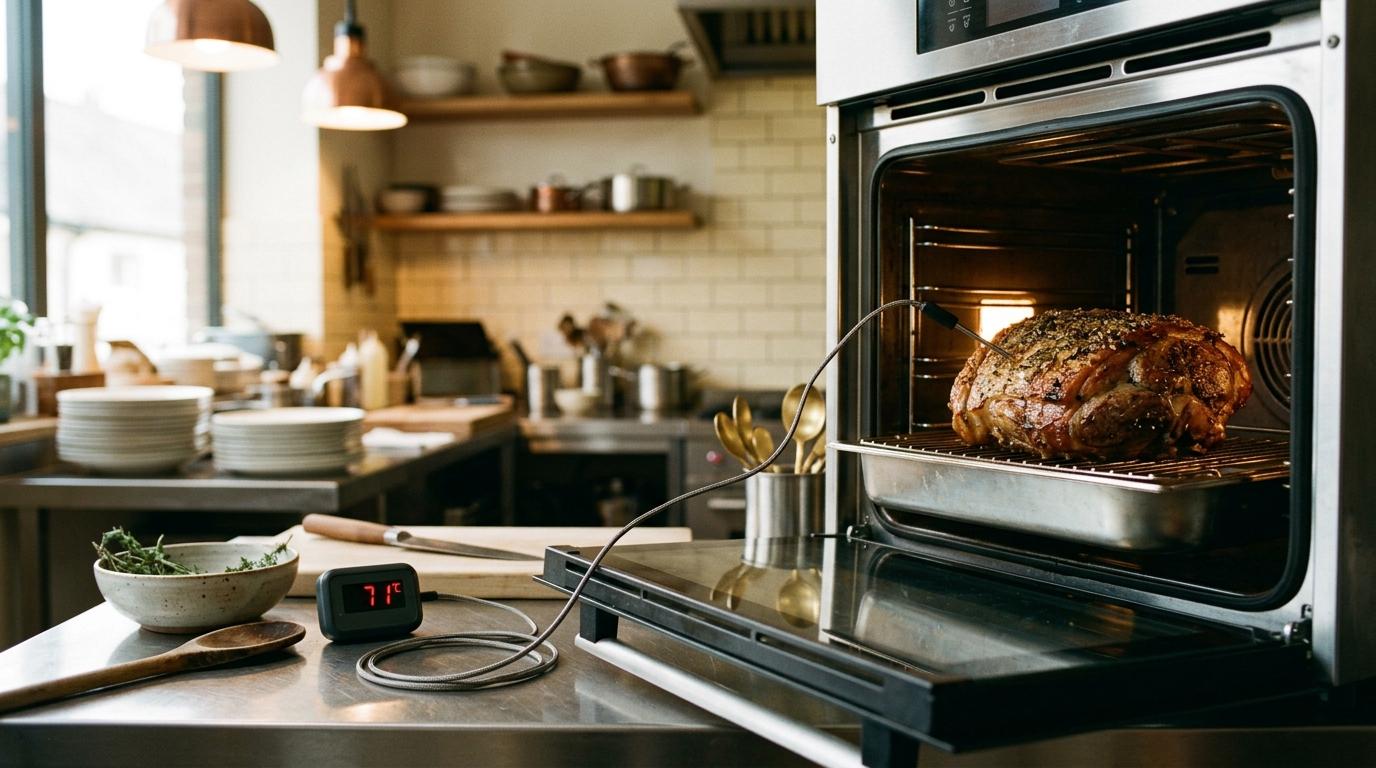 Sonda de temperatura clavada en una paletilla dentro de un horno profesional, con el display marcando la temperatura interna