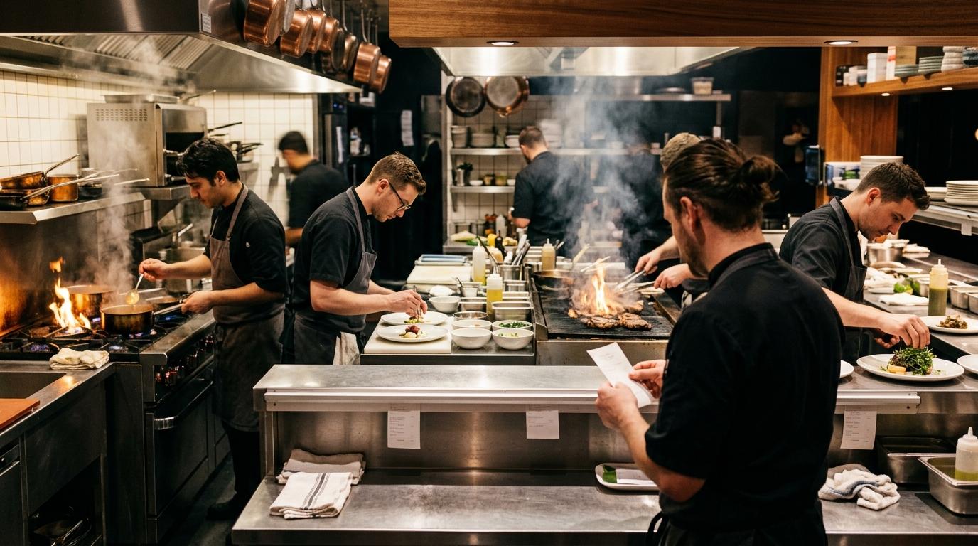 Una brigata di cucina in pieno servizio serale vista dal pass: lo chef legge la comanda e quattro cuochi lavorano coordinati alle loro partite