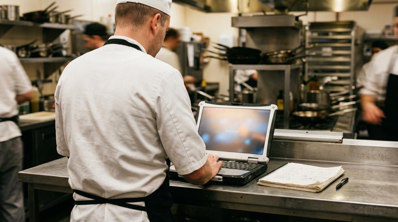 Un chef consulte un ordinateur portable posé sur le passe d'une cuisine professionnelle, carnet et stylo à côté