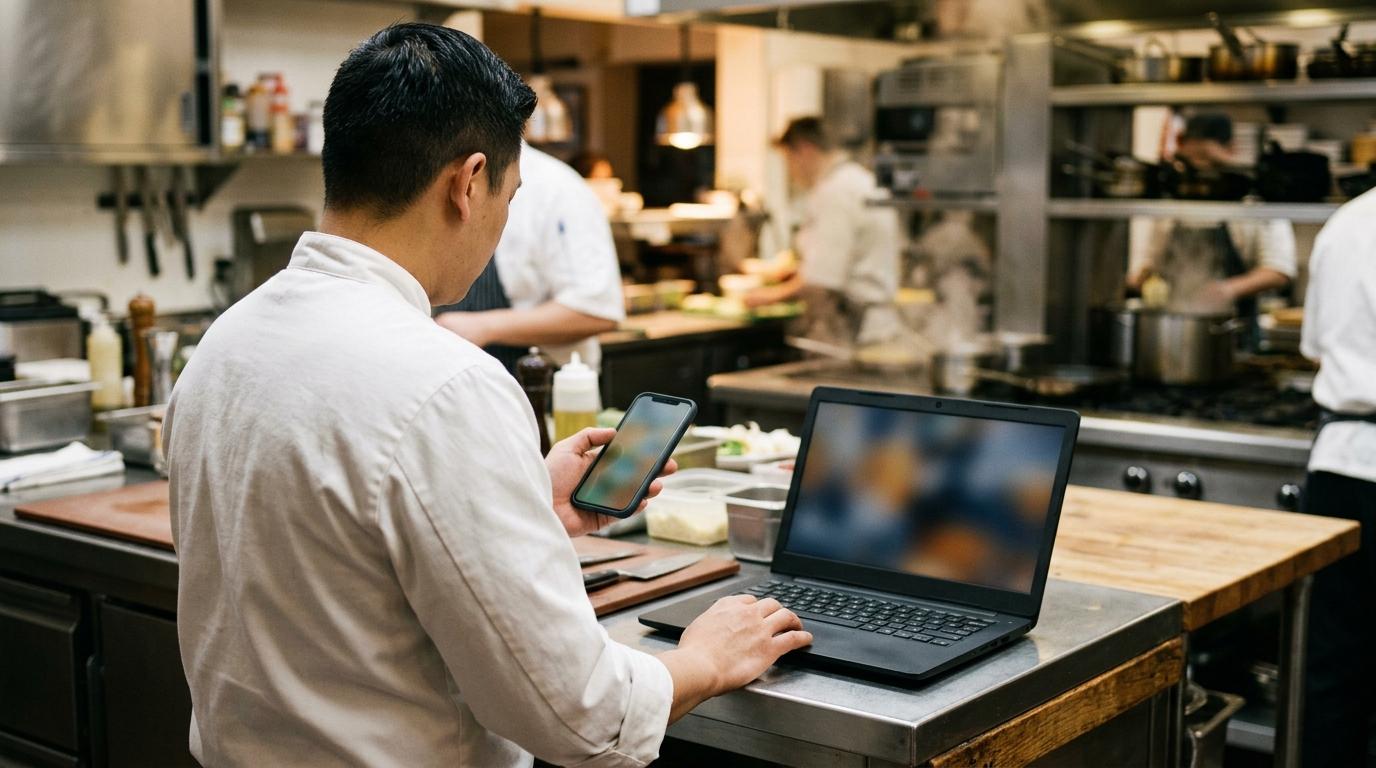 Un chef en veste blanche compare un smartphone et un ordinateur portable sur le plan de travail d'une cuisine professionnelle