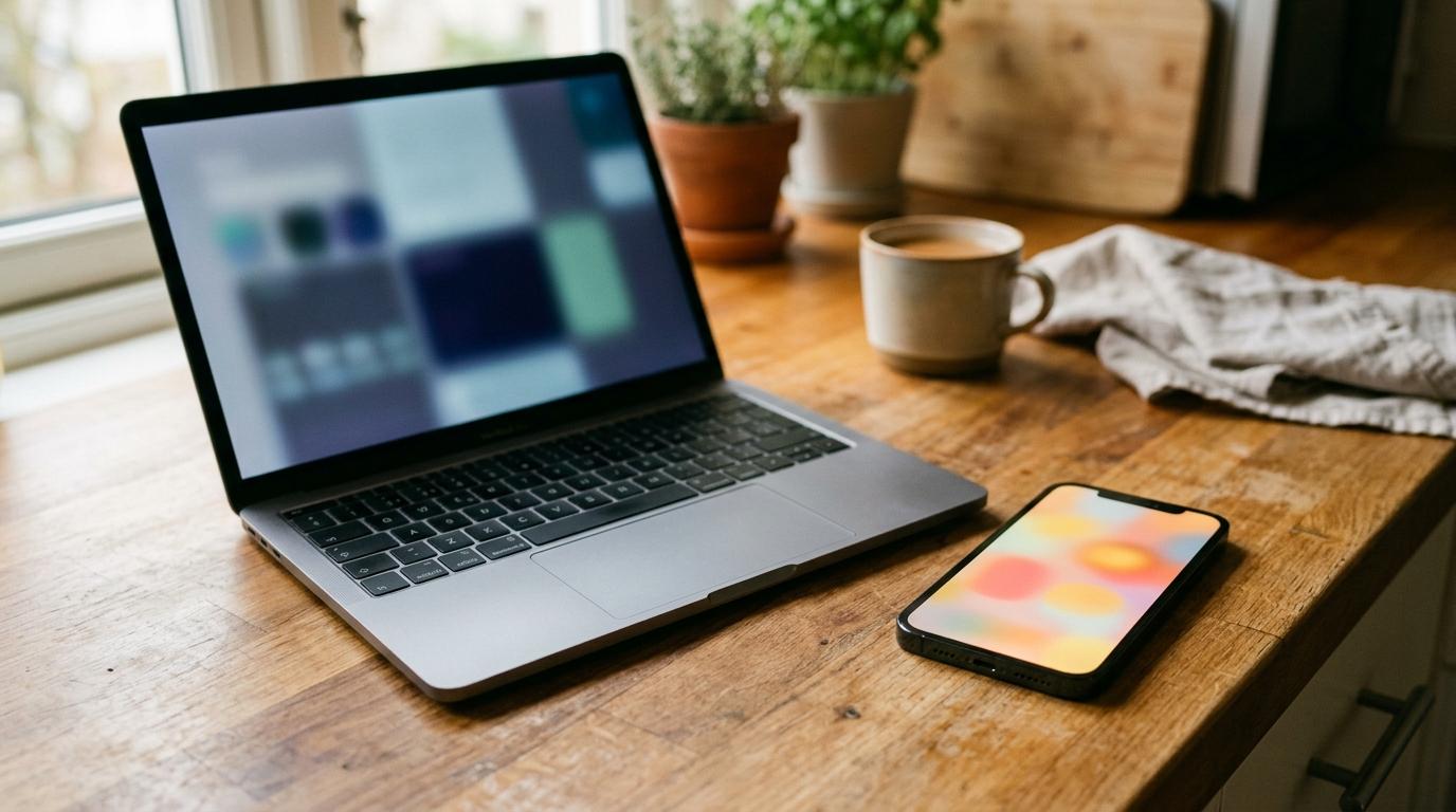 Un smartphone et un ordinateur portable côte à côte sur un plan de travail, chacun affichant une interface de cuisine floue et différente