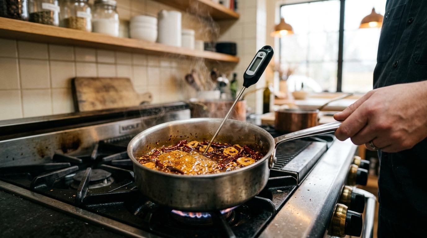 Cazo de acero con aceite caliente, copos de chile seco y ajo laminado burbujeando sobre el fuego de una cocina profesional, con un termómetro de sonda dentro