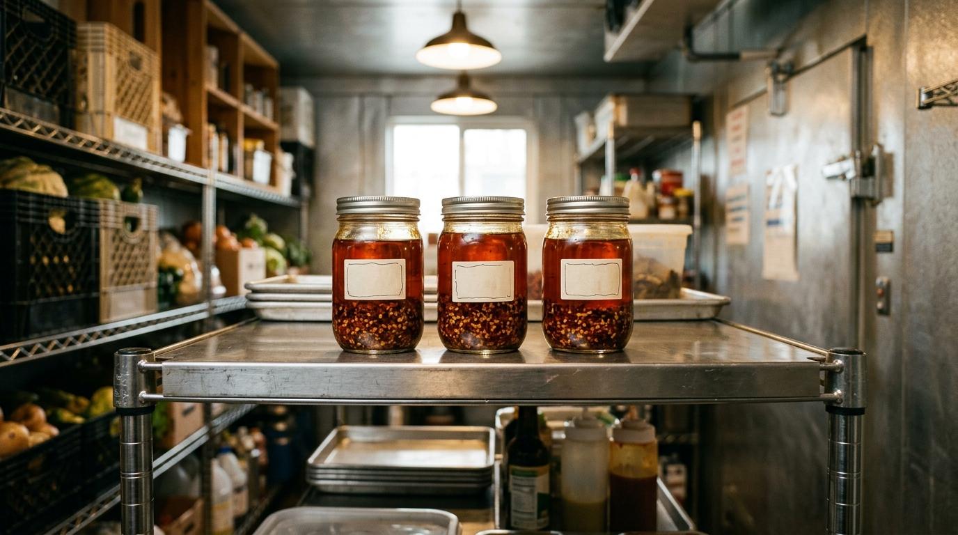 Tres tarros de cristal con chili crisp de elaboración propia, etiquetados, en el estante de una cámara frigorífica de restaurante