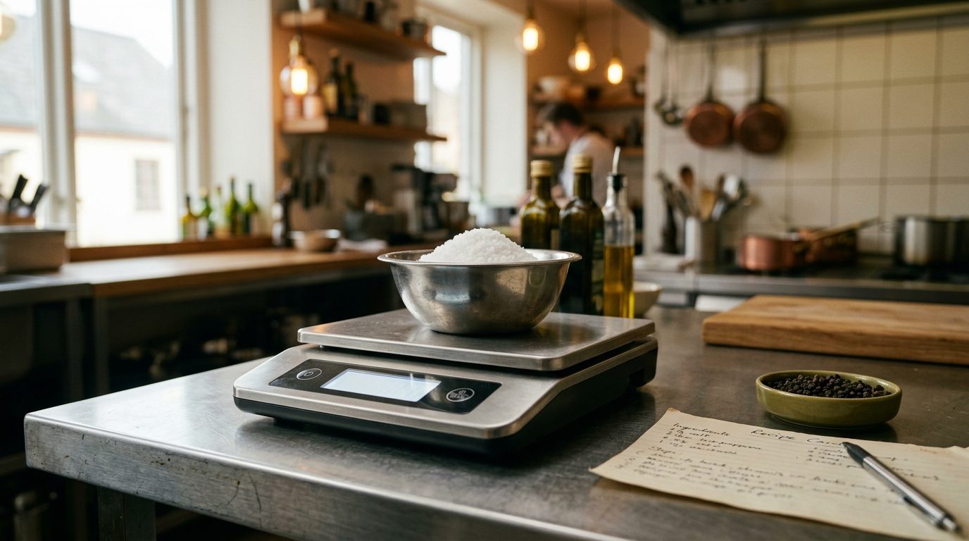 Báscula de precisión con sal pesada en gramos junto a una ficha de receta escrita, sobre la encimera de acero de una cocina profesional