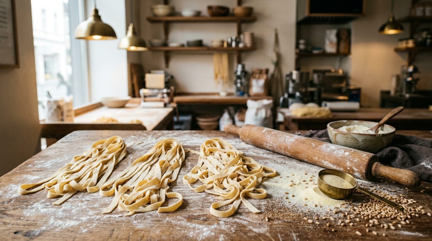 Tiras de pasta fresca recién cortadas sobre una mesa de madera enharinada de un obrador, con el rodillo y la sémola al lado