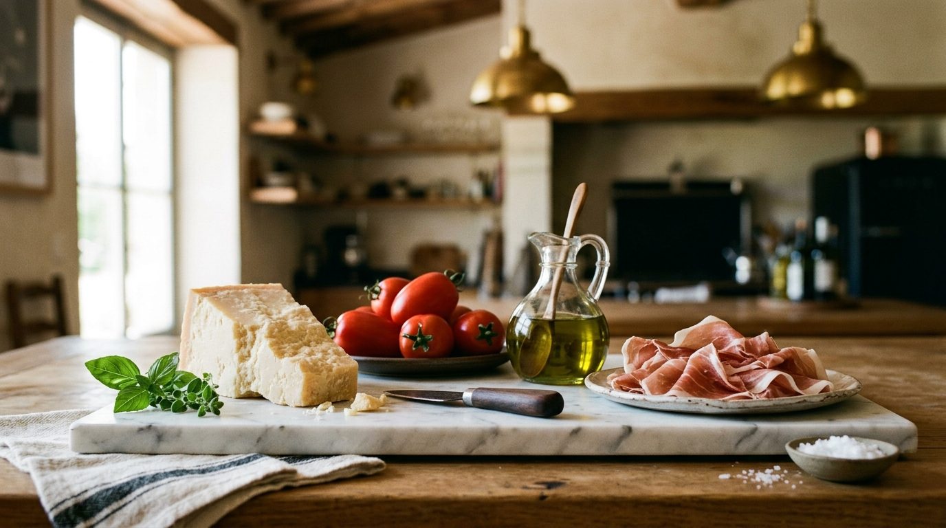 Cuña de queso curado, tomates San Marzano, aceite de oliva y jamón curado dispuestos sobre una tabla de mármol en la mesa de trabajo de una cocina