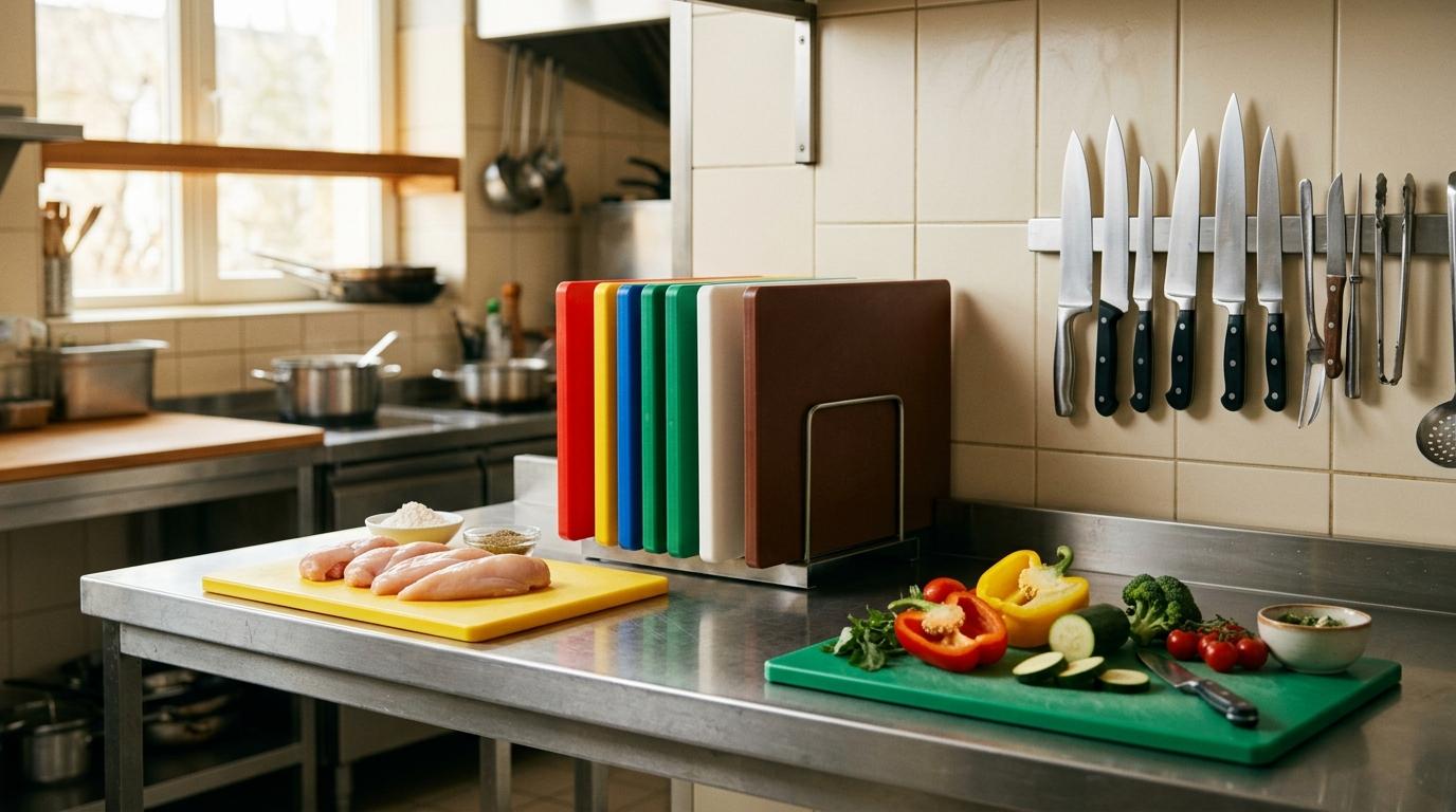 Un plan de travail professionnel avec des planches à découper de six couleurs sur leur support, le poulet cru sur la jaune et les légumes sur la verte, bien séparés