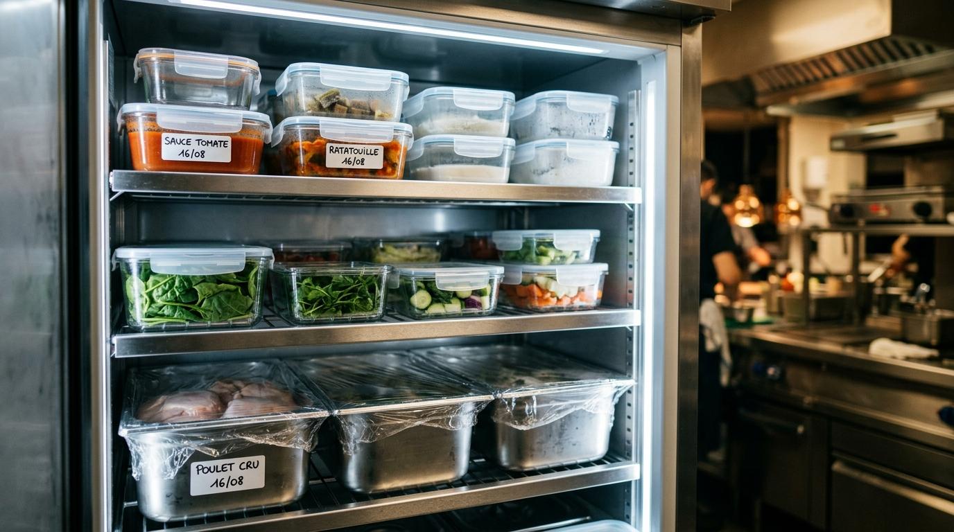 Intérieur d'un réfrigérateur professionnel organisé : plats cuits filmés et étiquetés en haut, viandes et poissons crus couverts en bas