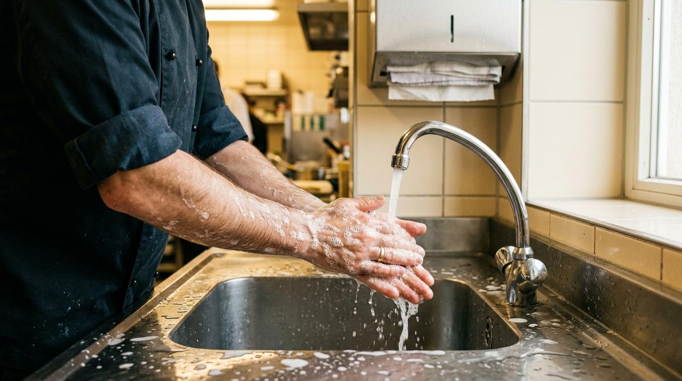 Les mains d'un cuisinier se lavent au savon sous l'eau courante dans un lave-mains inox de cuisine professionnelle