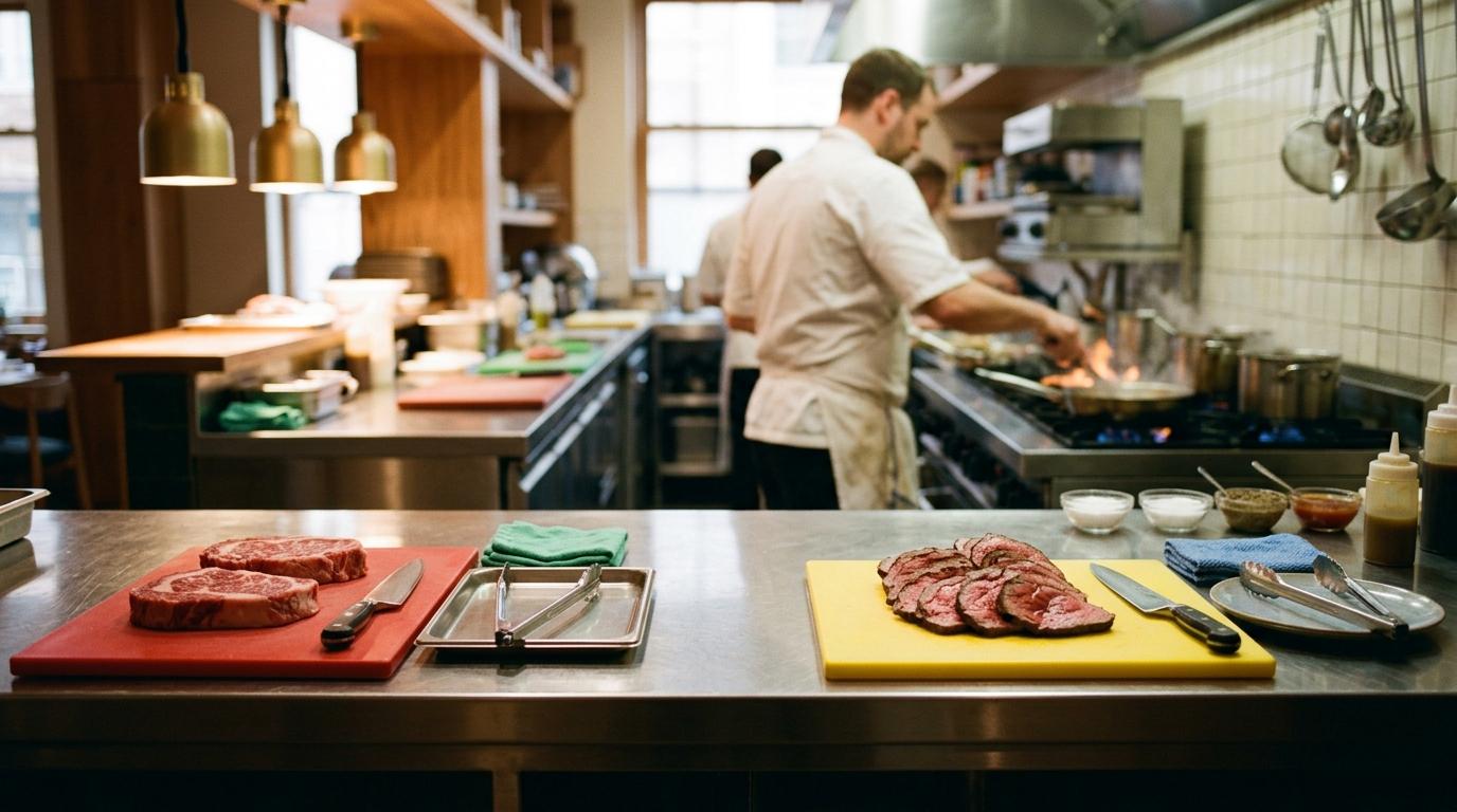 Pass di una cucina professionale con due postazioni separate: carne cruda su tagliere rosso e roast beef cotto su tagliere giallo, ognuna con le proprie pinze