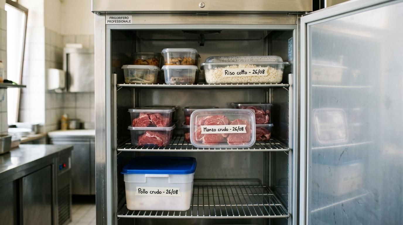 Frigorifero professionale aperto con l'ordine corretto di stoccaggio: contenitori di riso cotto in alto, manzo crudo al centro e pollo crudo chiuso sul ripiano più basso