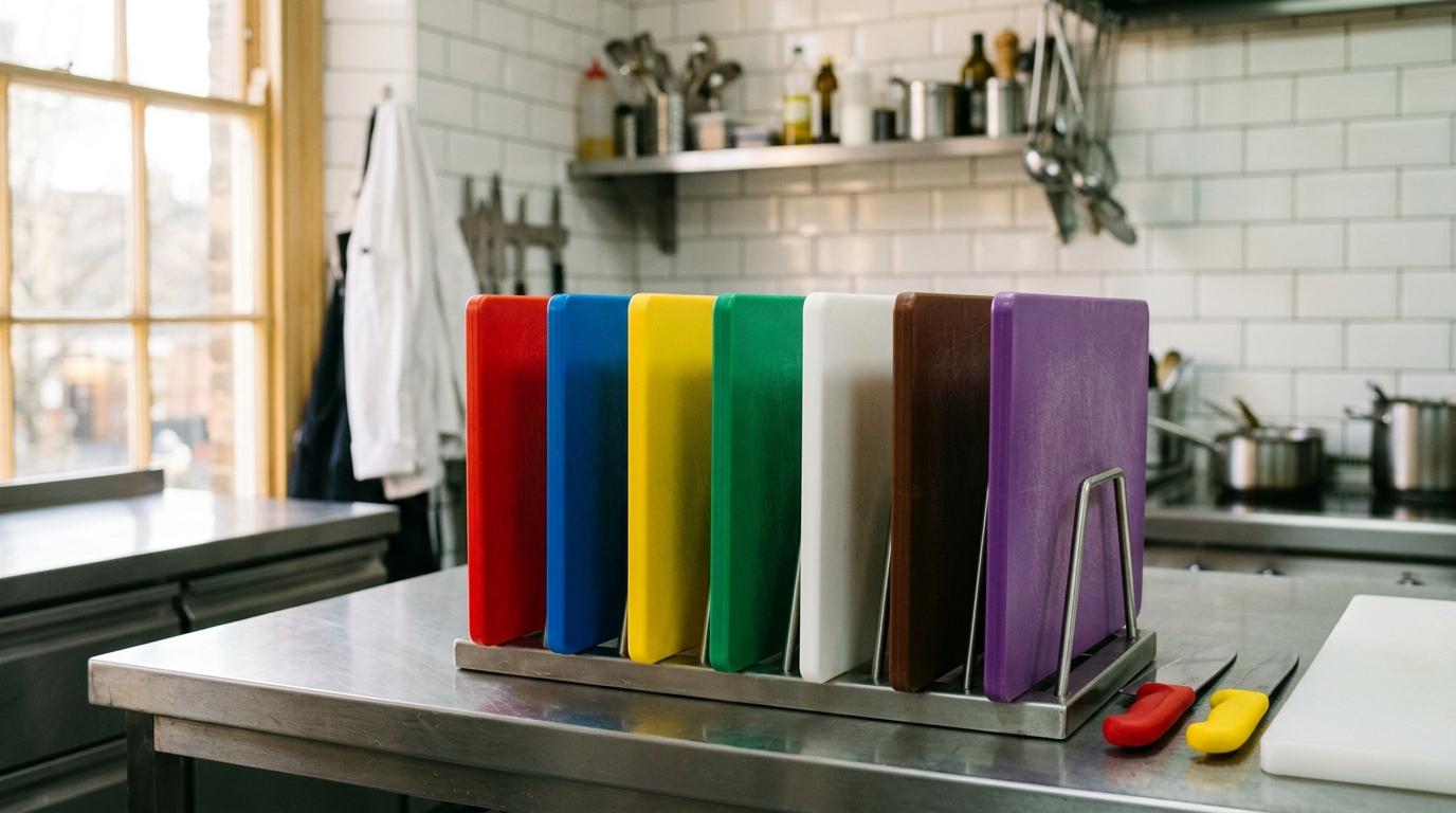 Sette taglieri professionali codificati per colore — rosso, blu, giallo, verde, bianco, marrone e viola — in una rastrelliera d'acciaio