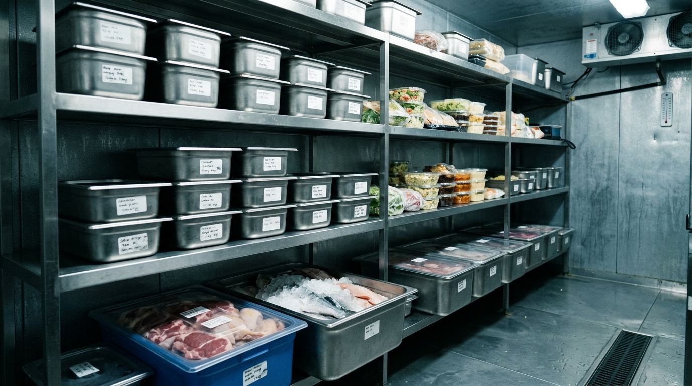 Interior de uma câmara frigorífica profissional arrumada: recipientes tapados e alimentos prontos nas prateleiras de cima, carne e peixe crus em recipientes fundos na prateleira de baixo
