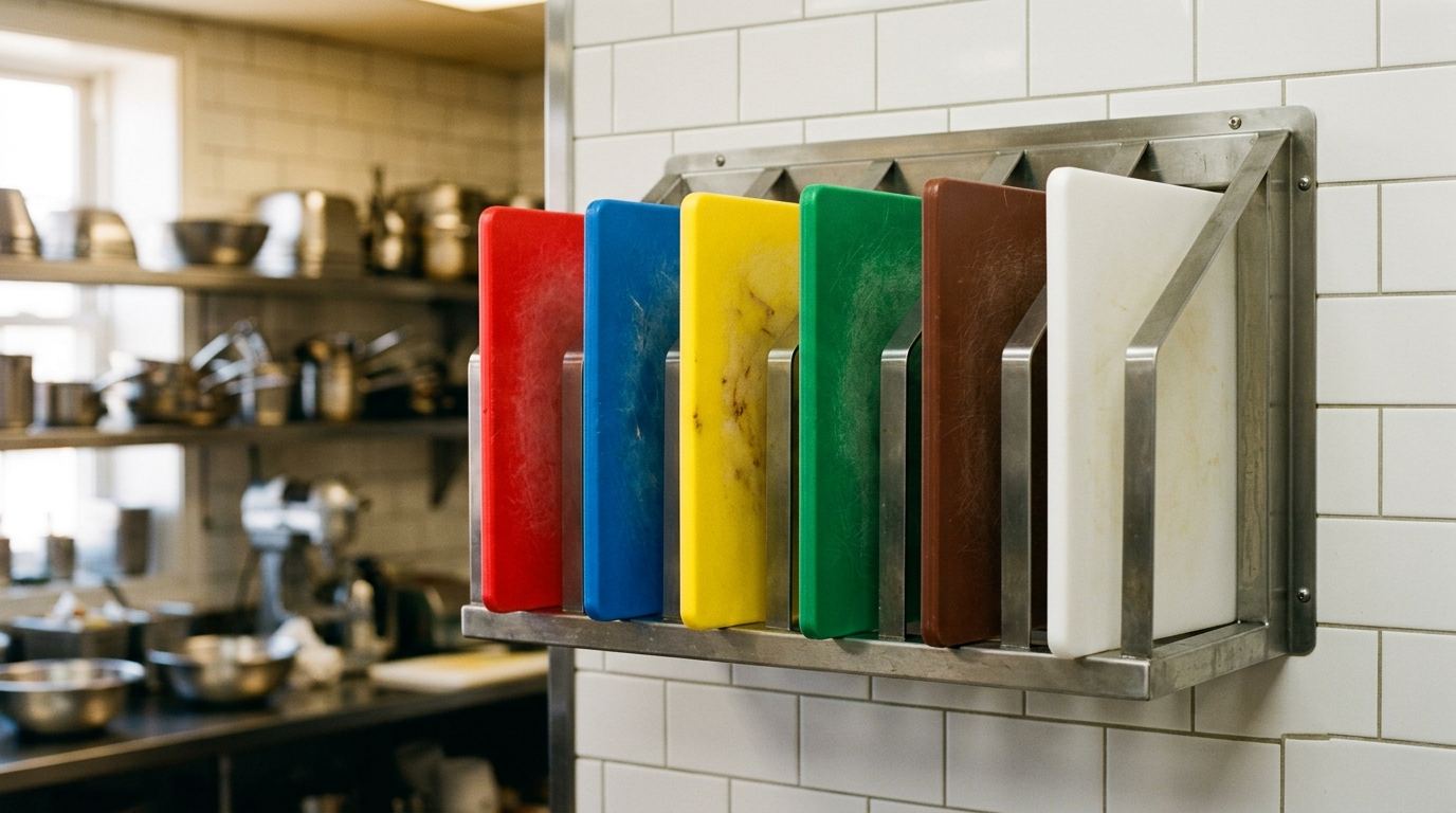 Suporte de inox numa parede de cozinha profissional com seis tábuas de corte separadas por cores: vermelha, azul, amarela, verde, castanha e branca