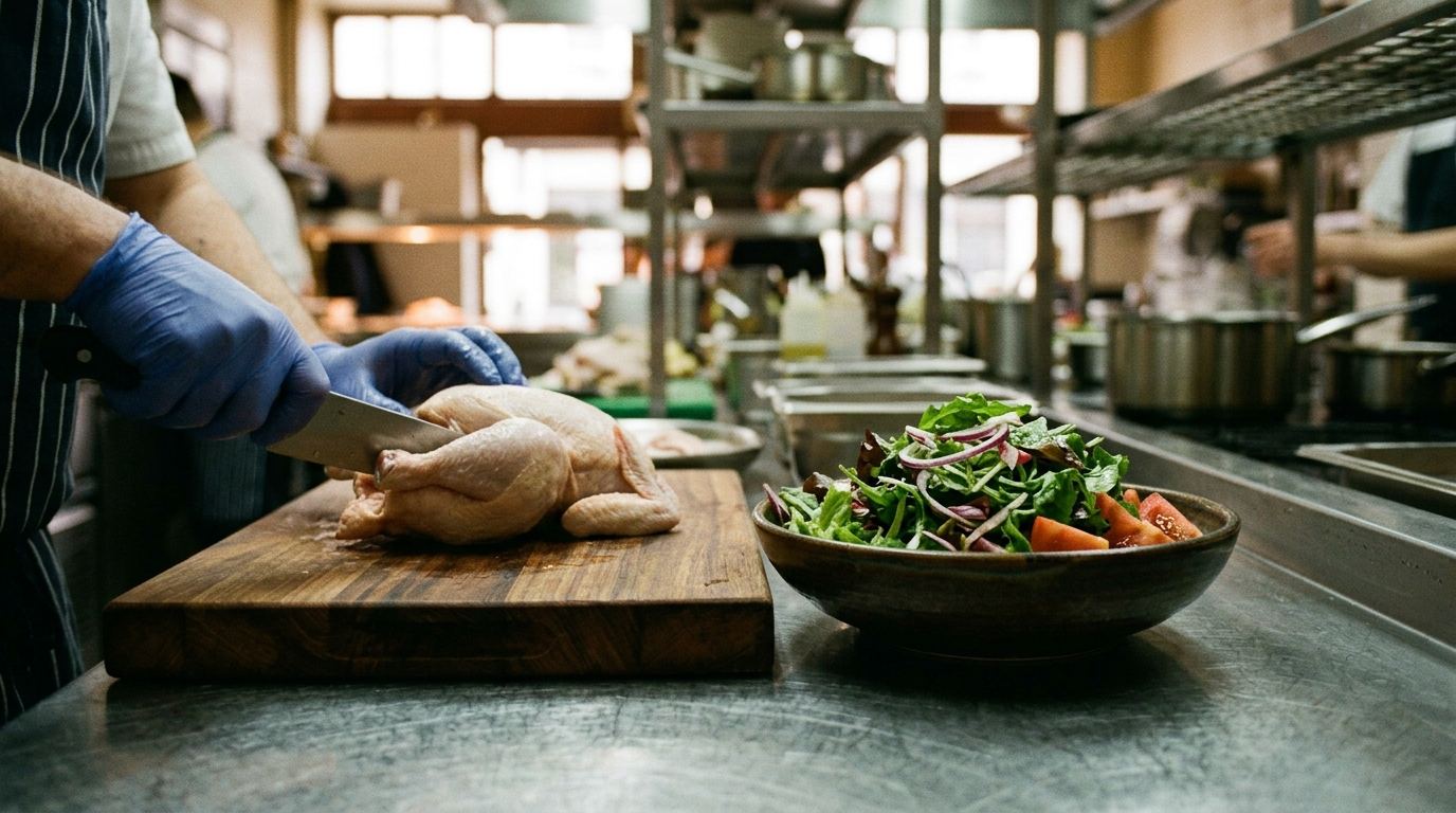 Mãos com luvas cortam um frango cru numa tábua de madeira e, ao lado na mesma bancada de inox, uma taça de salada pronta a servir