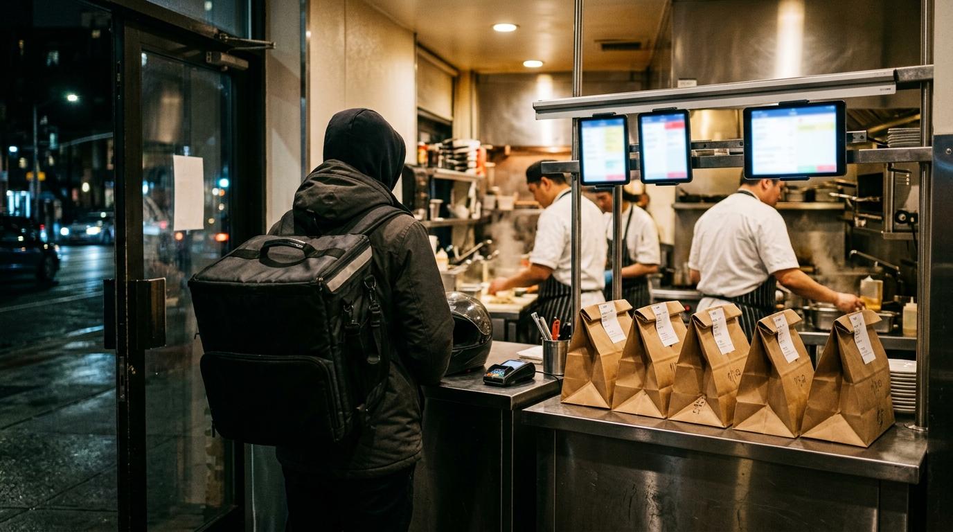 Un rider con lo zaino termico attende al bancone di una dark kitchen notturna, tra i tablet degli ordini accesi e i sacchetti kraft pronti