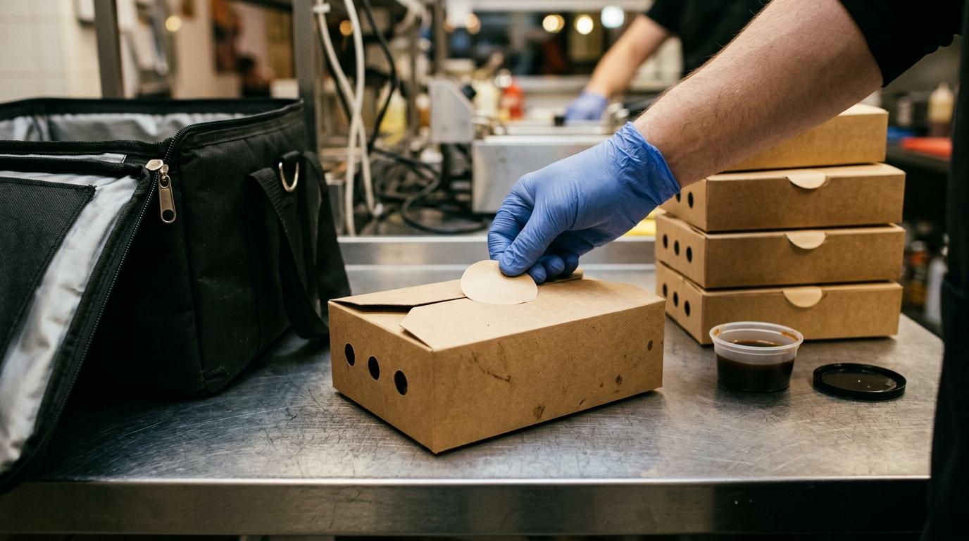 Mani guantate sigillano una box kraft con fori di ventilazione, accanto alla salsa in contenitore separato e alla borsa termica