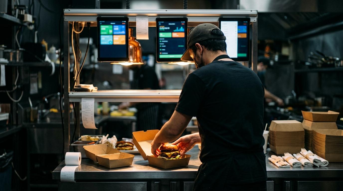 Un cuoco chiude un burger nella box kraft sotto la lampada del pass, con i tablet degli ordini accesi sulla barra
