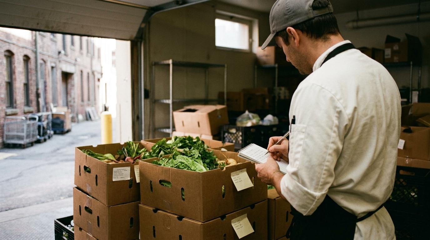 Un cuisinier contrôle les étiquettes de dates sur des cartons de produits frais à la réception, bloc-notes à la main
