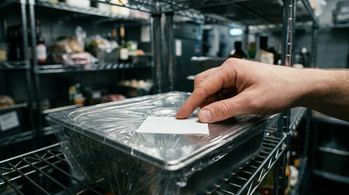 Une main colle une étiquette de date sur un bac gastro filmé, dans une chambre froide professionnelle