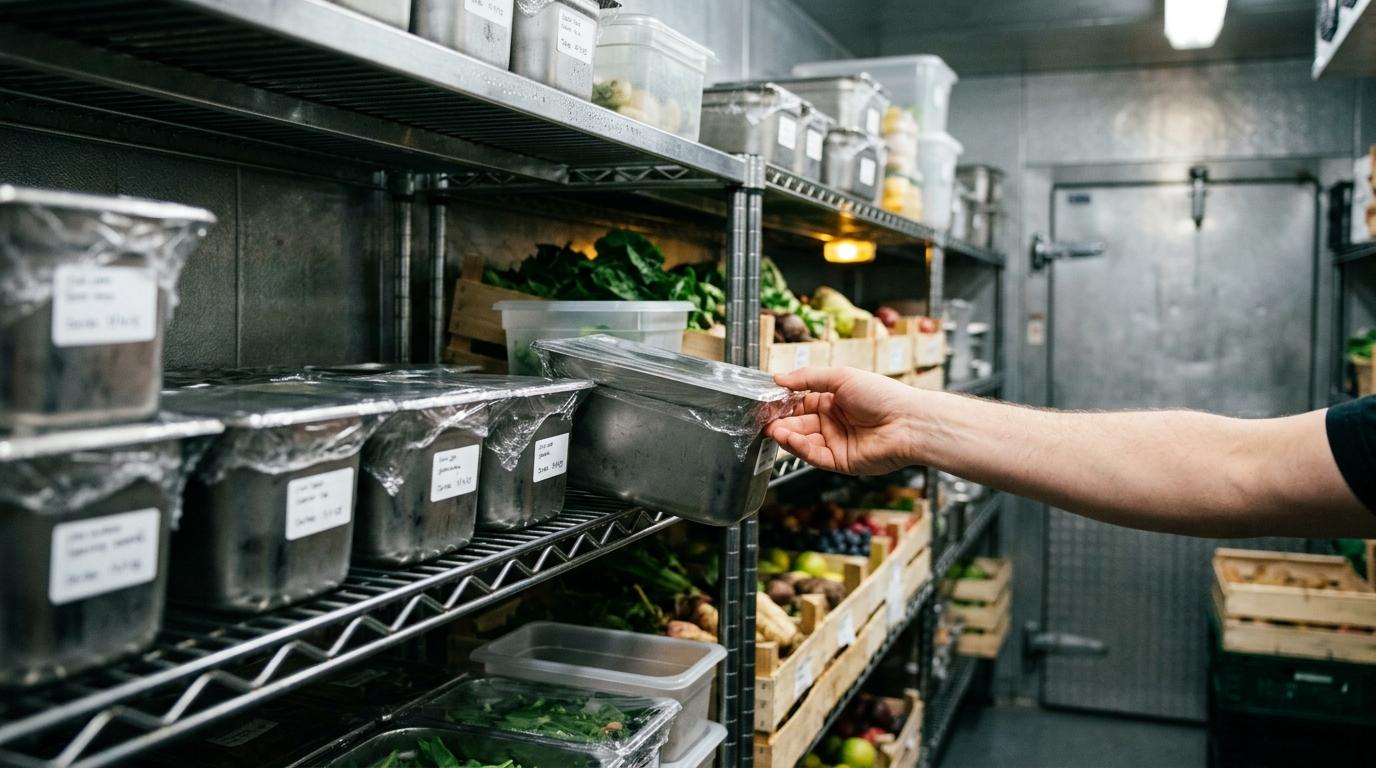 Des bacs et des produits parfaitement rangés sur les étagères d'une chambre froide, les dates courtes placées devant